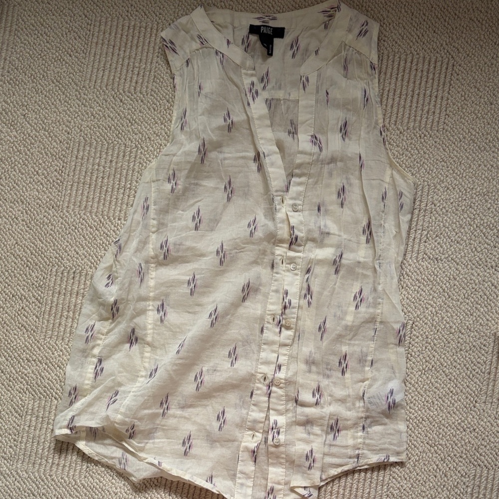 PAIGE Cream Sleeveless Button-Front Top with Lavender Ikat Motif
